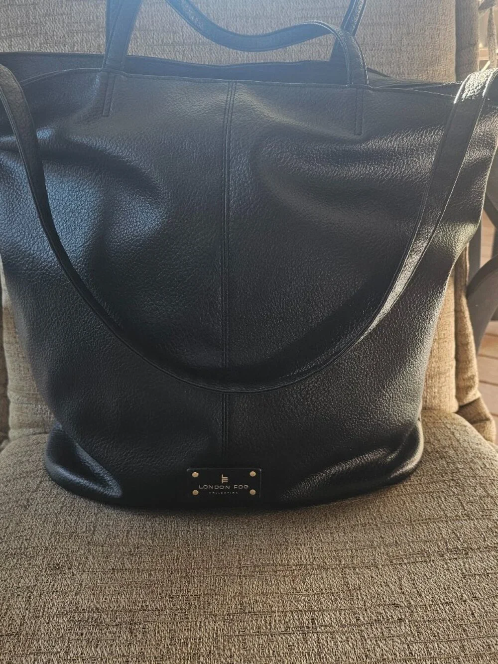 London Fog Black Faux Leather Tote Bag Large Shoulder Purse Everyday Work Travel